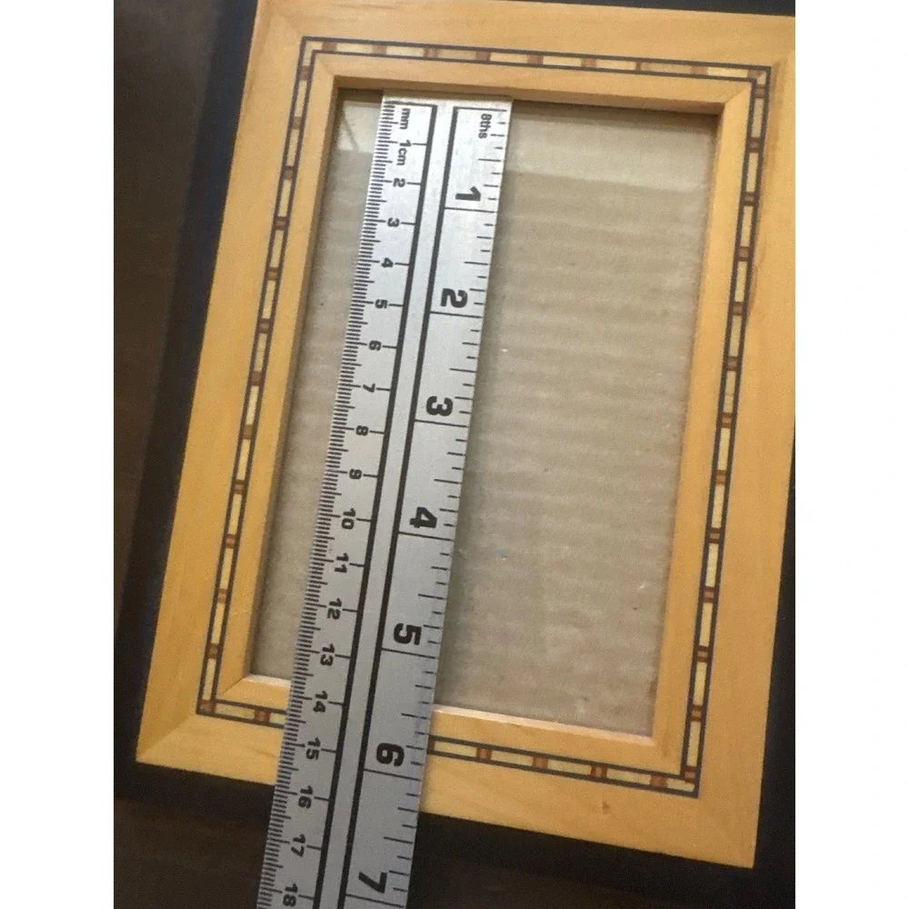 Vintage Wood Inlay Picture Frame Black Tan Geometric Marquetry 4x6 Tabletop Wall